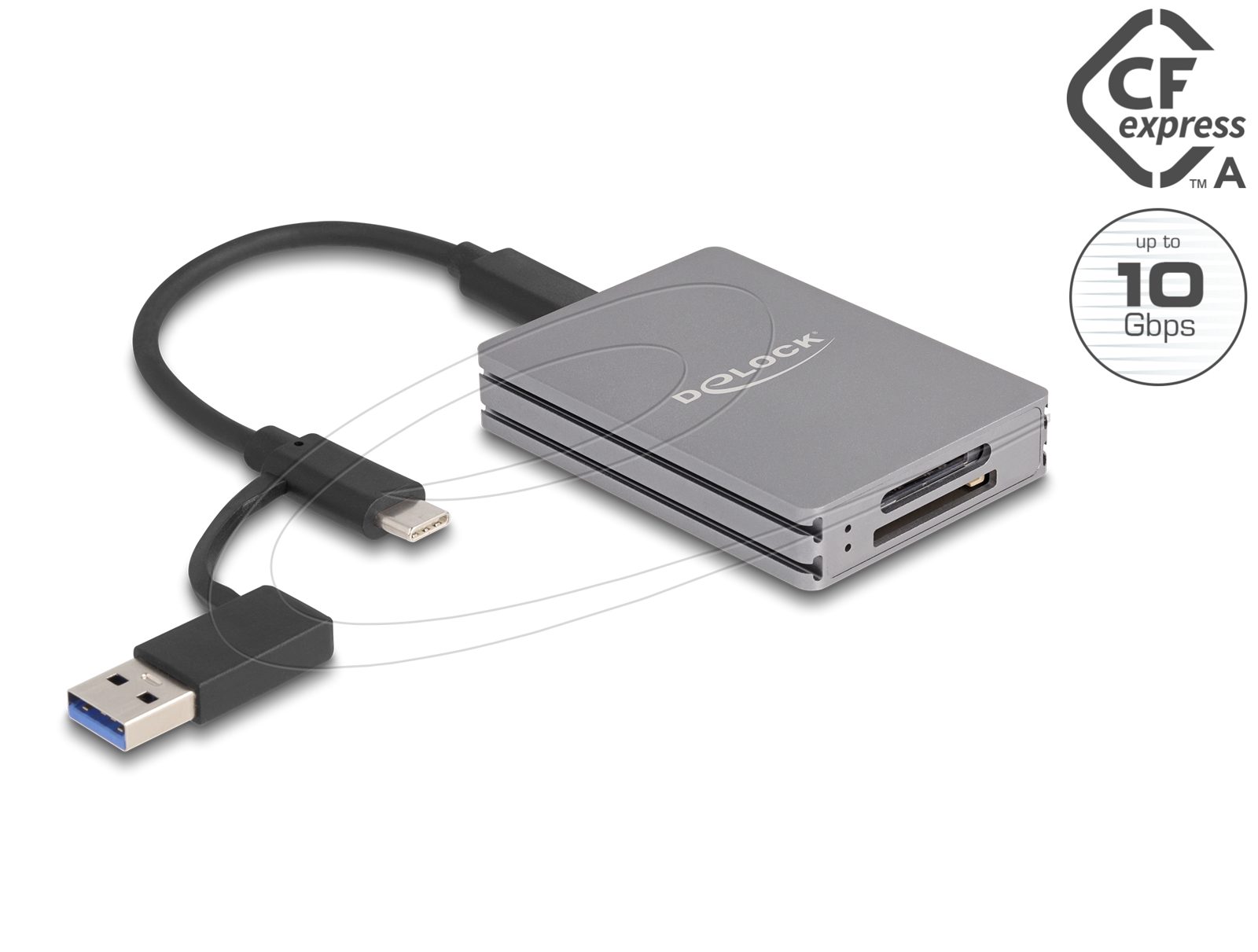 USB-C kortläsare DeLOCK SD / CFexpress Typ A, USB 3.2 Gen.2, inkl. adapter till USB-A