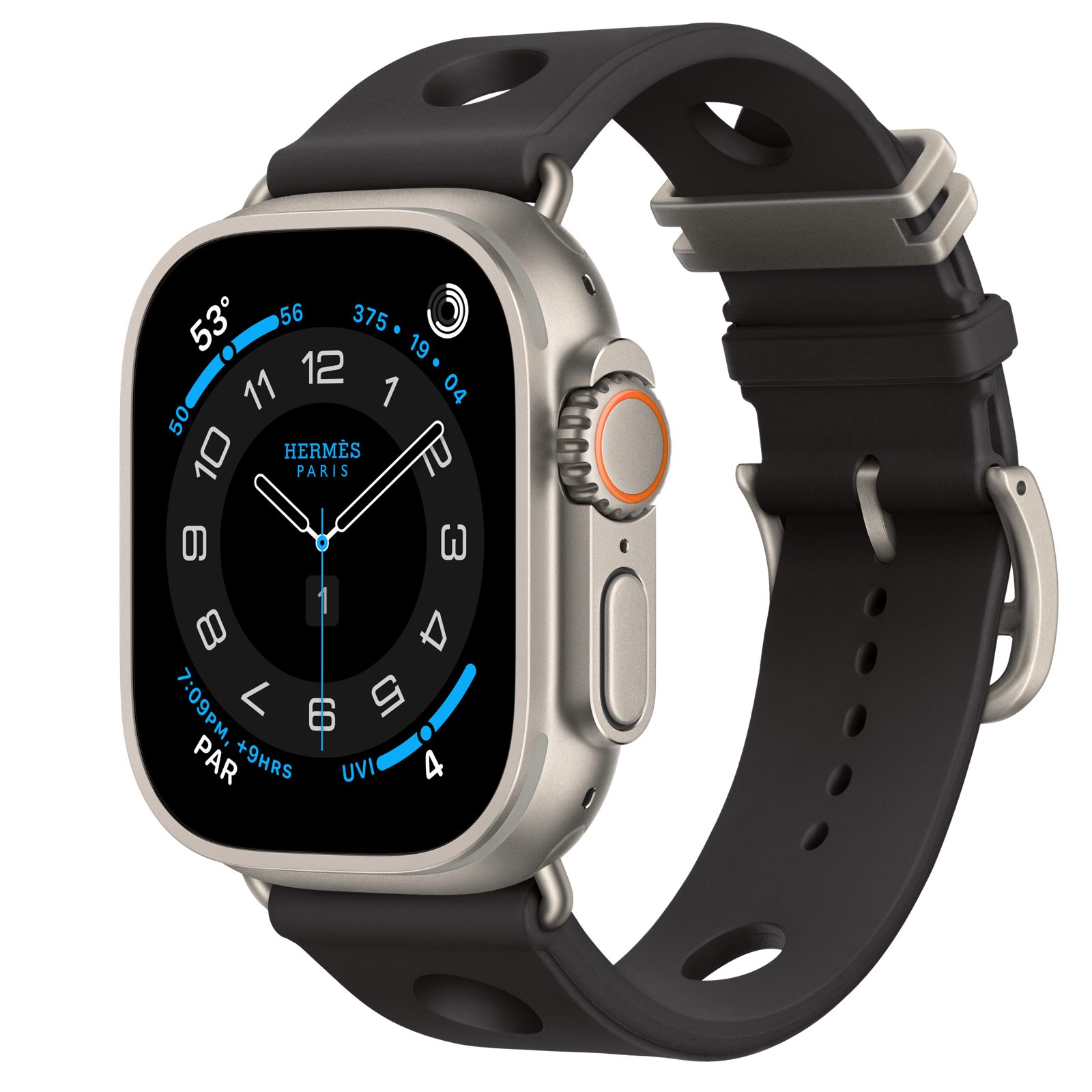 Apple Watch Hermès Ultra 4 (GPS + Cellular) • Titanboett naturlig, 49 mm • Scub’H Diving i Noir
