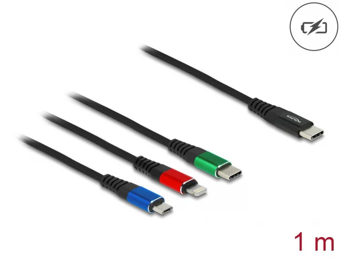 USB-C laddningskabel DeLOCK 3-i-1 till Lightning / Micro USB / USB-C, 15W, 1 meter - Svart