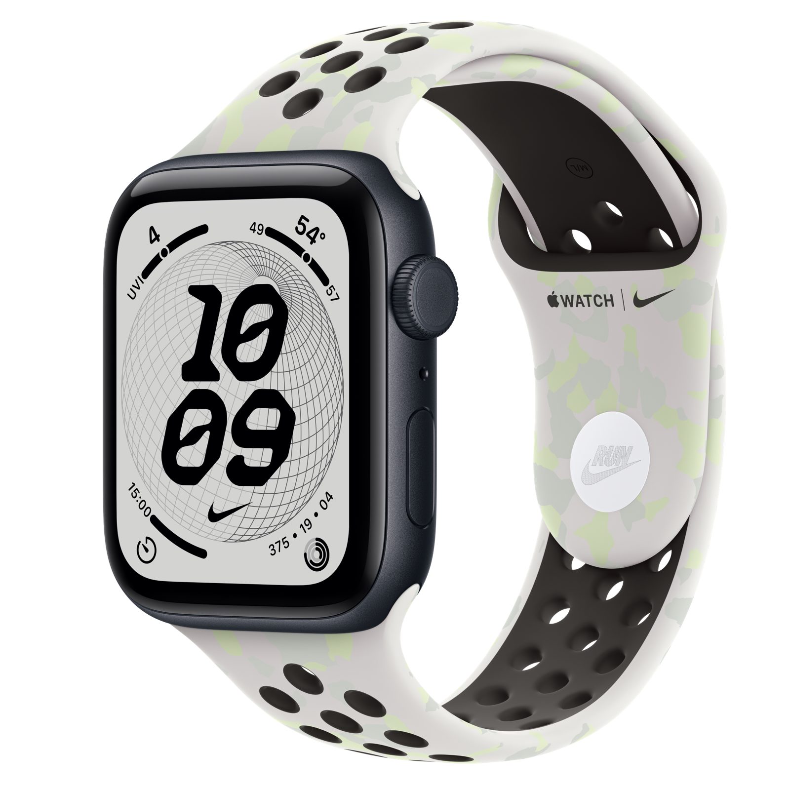 Apple Watch SE 3 (GPS + Cellular) • Aluminiumboett midnatt, 44 mm • Nike-sportband i Essential White