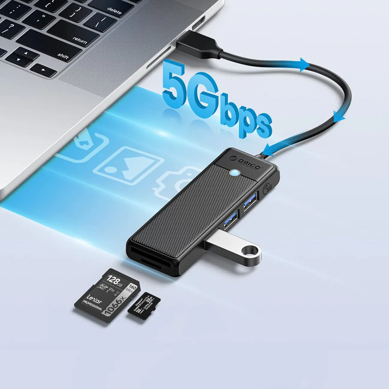 Orico PAPW3AT-U3 USB-hubb med 4 portar (3x USB-A 3.0) och microSD-/SD-kortläsare, 1 m – svart, bild 3