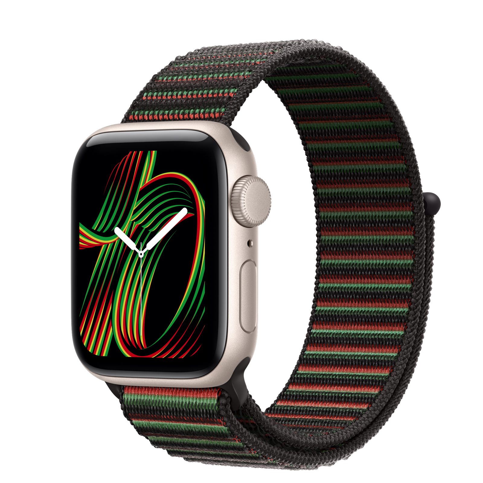 Apple Watch SE 3 (GPS) • Aluminiumboett stjärnglans, 40 mm • Sportloop Black Unity – Unity Rhythm