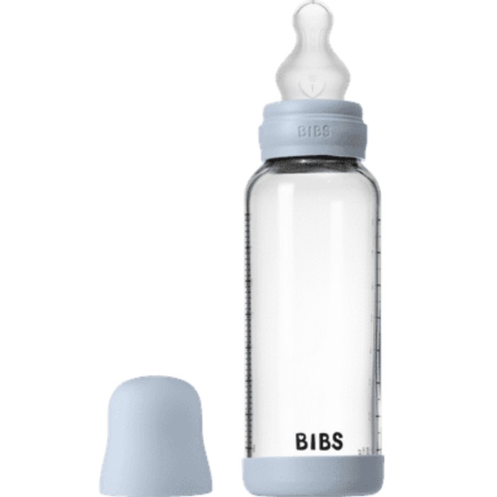 BIBS Glass Baby Bottle Round Silicone 240 ml Medium Flow Baby Blue