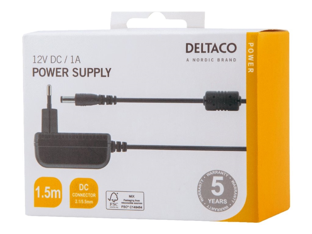 DELTACO PS12-10B nätadapter 100-240 V till 12V DC 1A, 1,5 m, svart