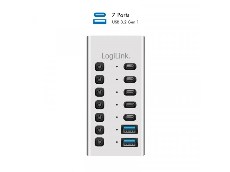 Hub USB 3.2 Gen1 7 portar USB-A/C, strömbrytare