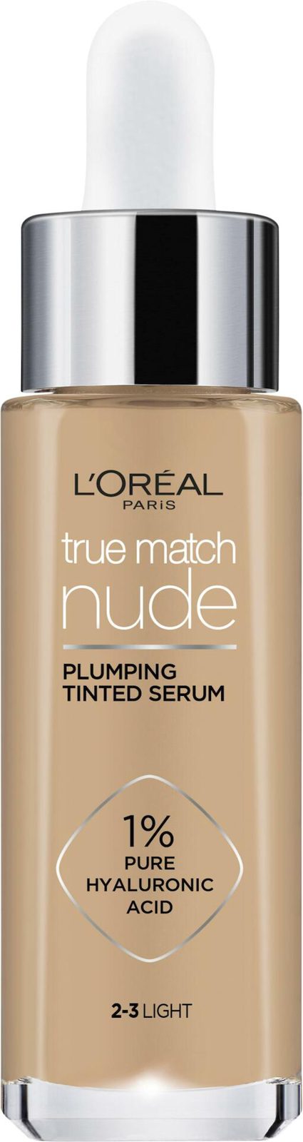 Loreal Paris True Match Nude Plumping Tinted Serum Foundation, 1% Hyaluronic Acid 2-3 Light