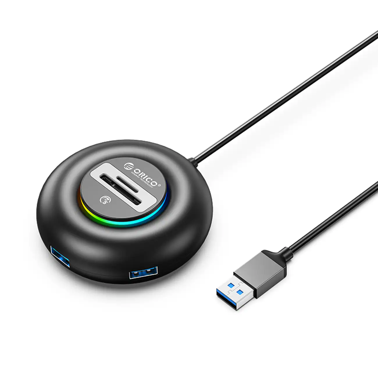 Orico YXR5-U3 RGB USB-hubb med 4 USB-A 3.0-portar och SD- och microSD-kortläsare, 0,3 m – svart