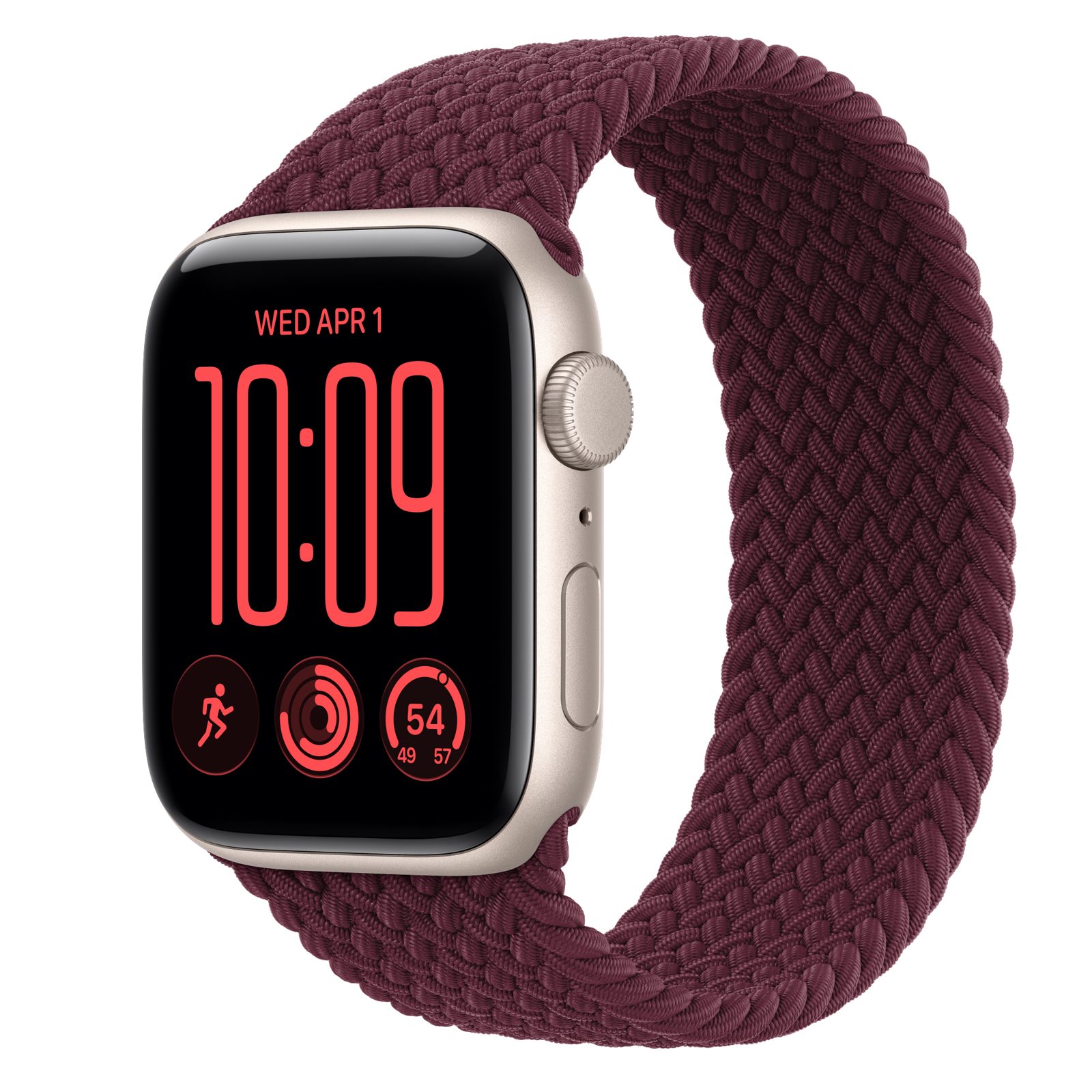 Apple Watch SE 3 (GPS) • Aluminiumboett stjärnglans, 44 mm • Flätad sololoop bourgogne