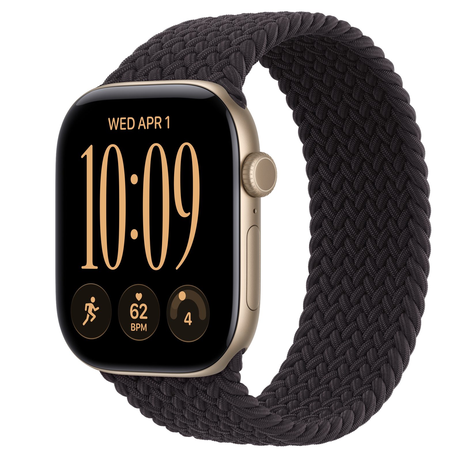 Apple Watch Series 12 (GPS) • Aluminiumboett ljust guld, 46 mm • Flätad sololoop svart