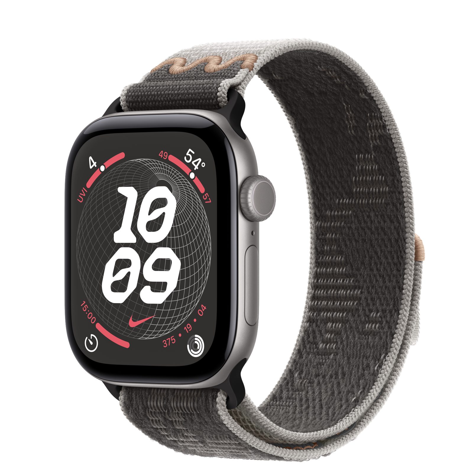 Apple Watch Series 12 (GPS + Cellular) • Aluminiumboett rymdgrå, 42 mm • Nike-sportloop i Pavement Grey