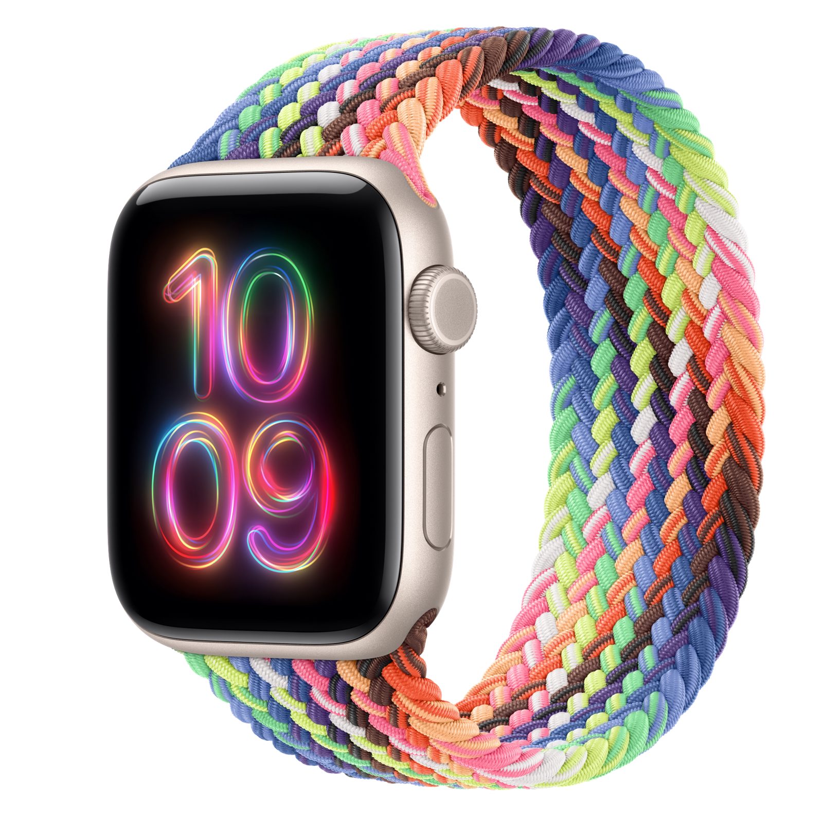 Apple Watch SE 3 (GPS + Cellular) • Aluminiumboett stjärnglans, 44 mm • Flätad sololoop Pride Edition