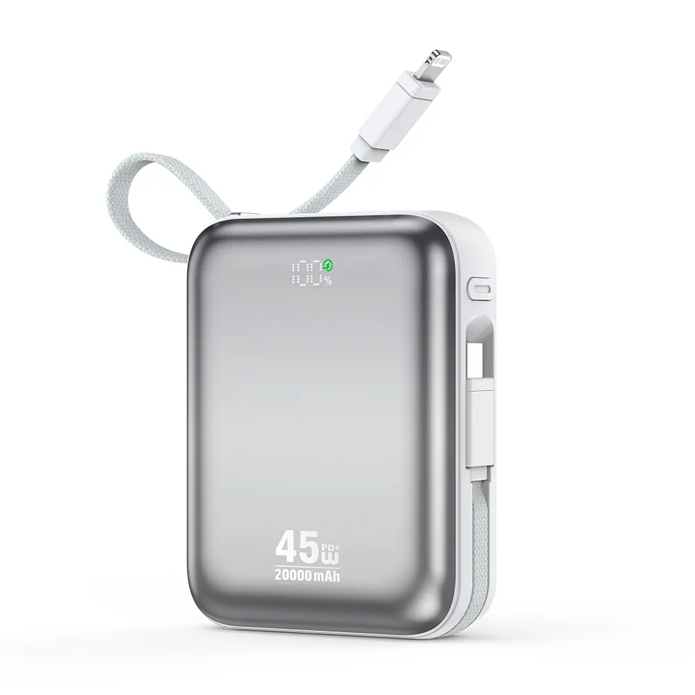 BWOO 20000mAh Powerbank med inbyggd USB-C + Lightingkabel - Silver, bild 2