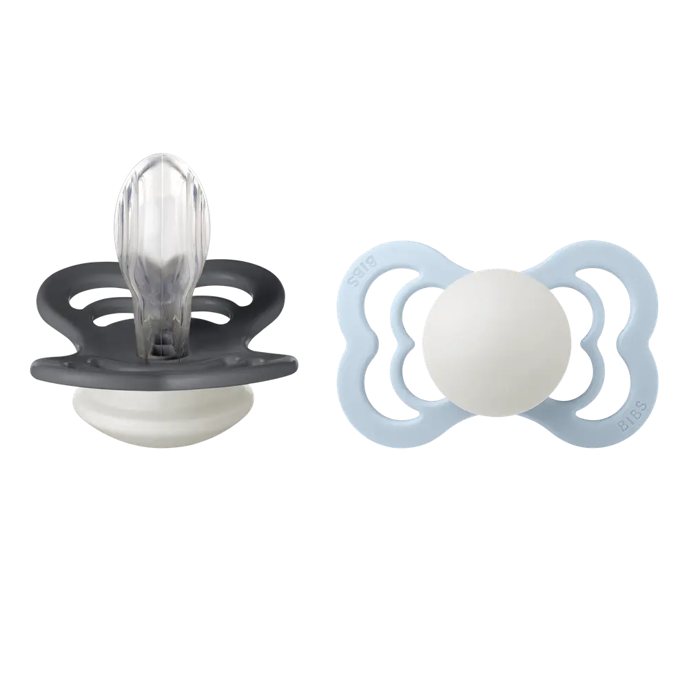 BIBS Pacifier Supreme 2-pack Silicone Size 2 Iron Glow/Baby Blue Glow, bild 3
