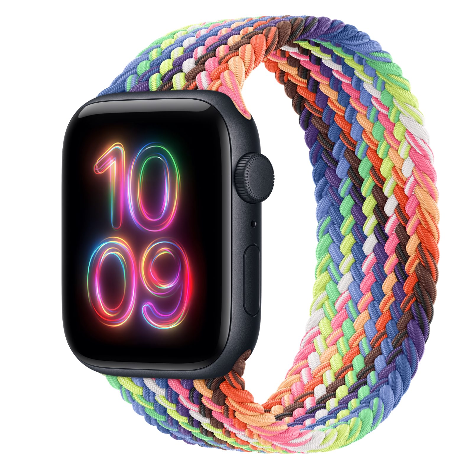 Apple Watch SE 3 (GPS) • Aluminiumboett midnatt, 44 mm • Flätad sololoop Pride Edition