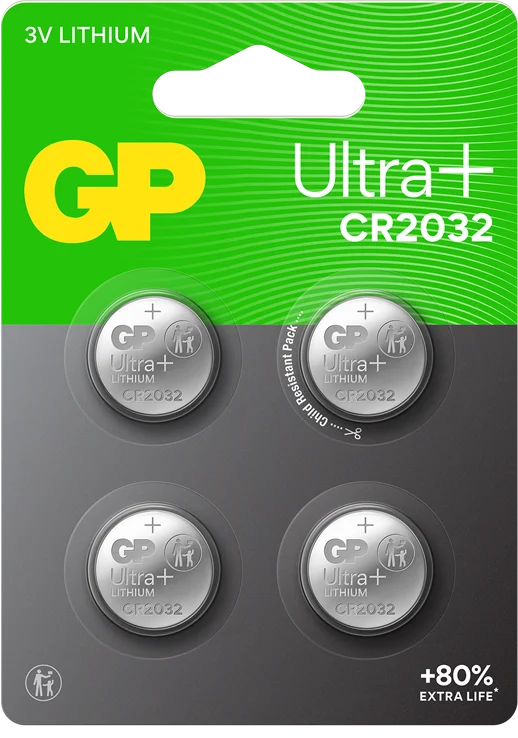 GP Ultra Plus Litiumbatteri Knappcell CR2032, 3V, 4-pack