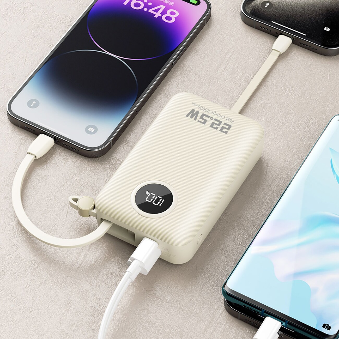 Dudao K14+ Powerbank 20000mAh 22,5W USB-C / USB-A / Inbyggda Lightning- och USB-C-kablar - Vit, bild 5