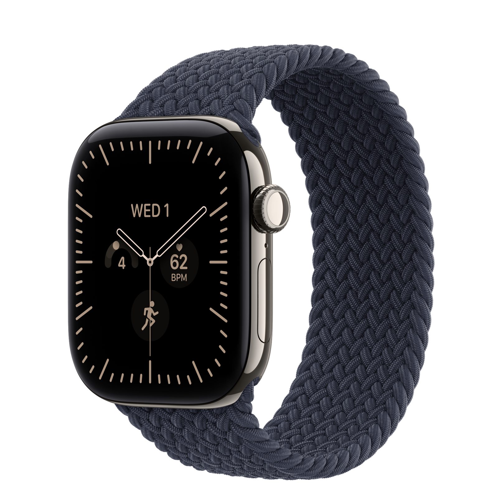 Apple Watch Series 12 (GPS + Cellular) • Titanboett naturlig, 42 mm • Flätad sololoop marinblå