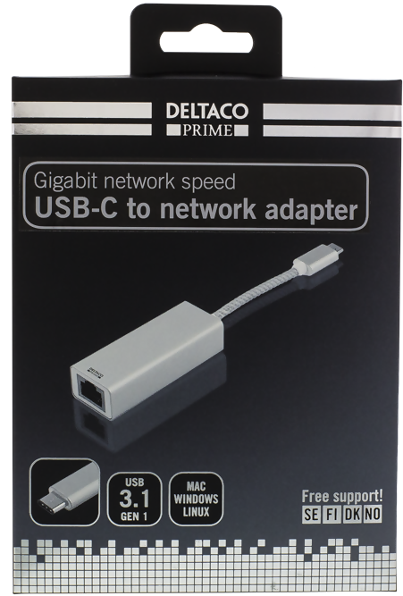 Adapter Deltaco, USB-C till Gigabit/RJ45, aluminium - Silver