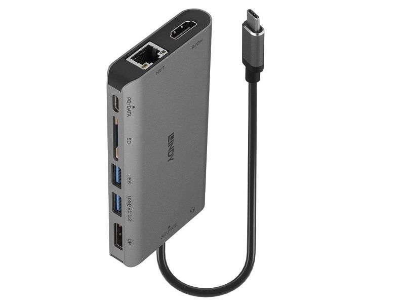 Lindy 43323, Ledningsført, USB 3.2 Gen 1 (3.1 Gen 1) Type-C, 100 W, 1000 Mbit/s, Sort, Grå, SD