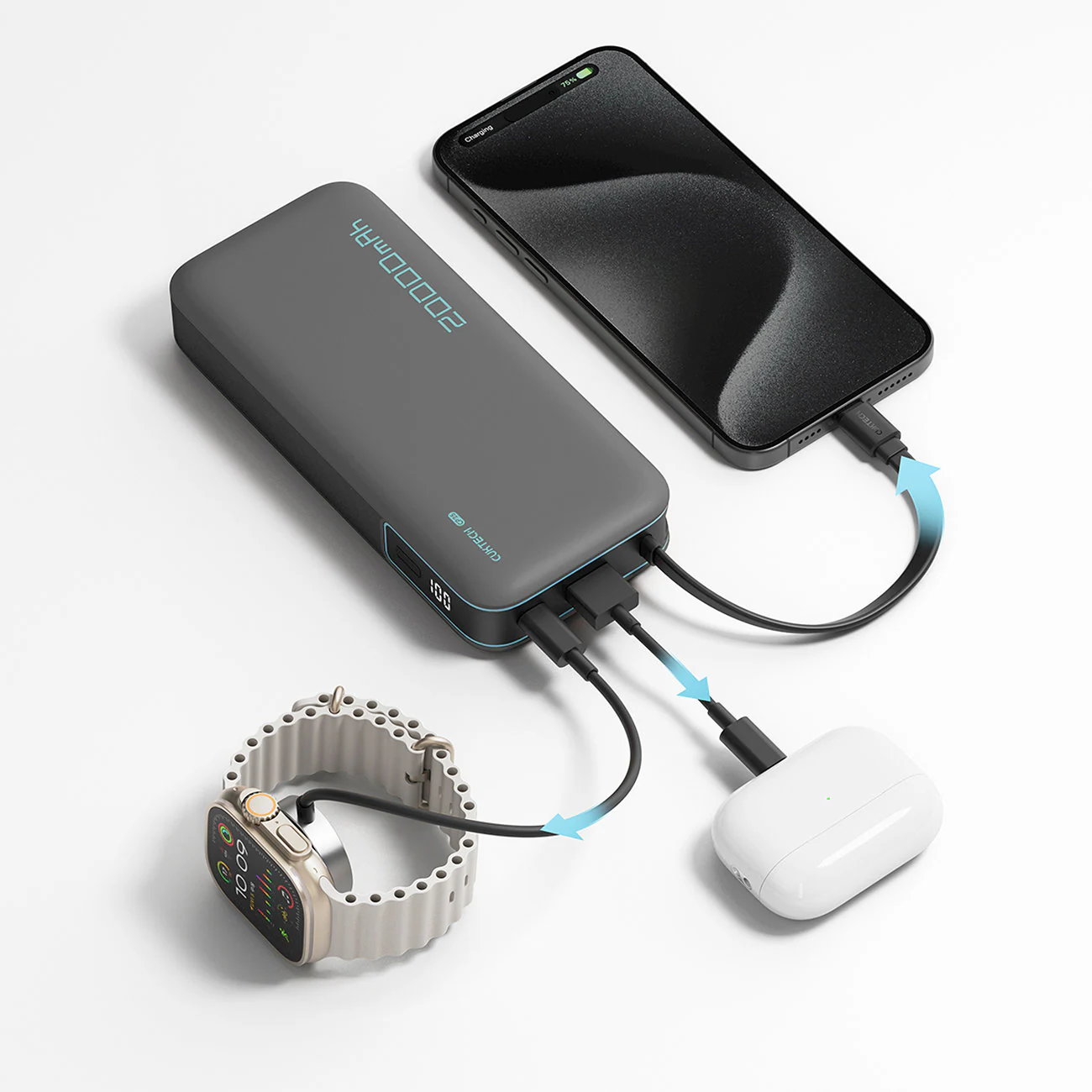 Cuktech CUKP200NGLLG 55W 20000mAh Powerbank med inbyggd USB-C-kabel - Vit