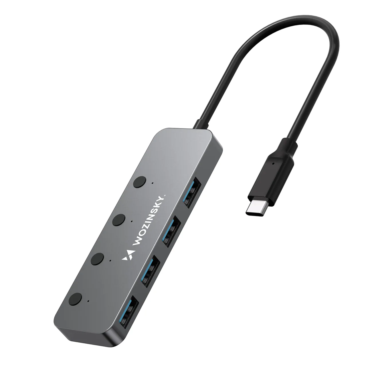 Wozinsky WHS080YSS 4x USB-A 3.0-hubb i aluminium m. strömbrytare & 15 cm USB-C-kabel – grå, bild 4