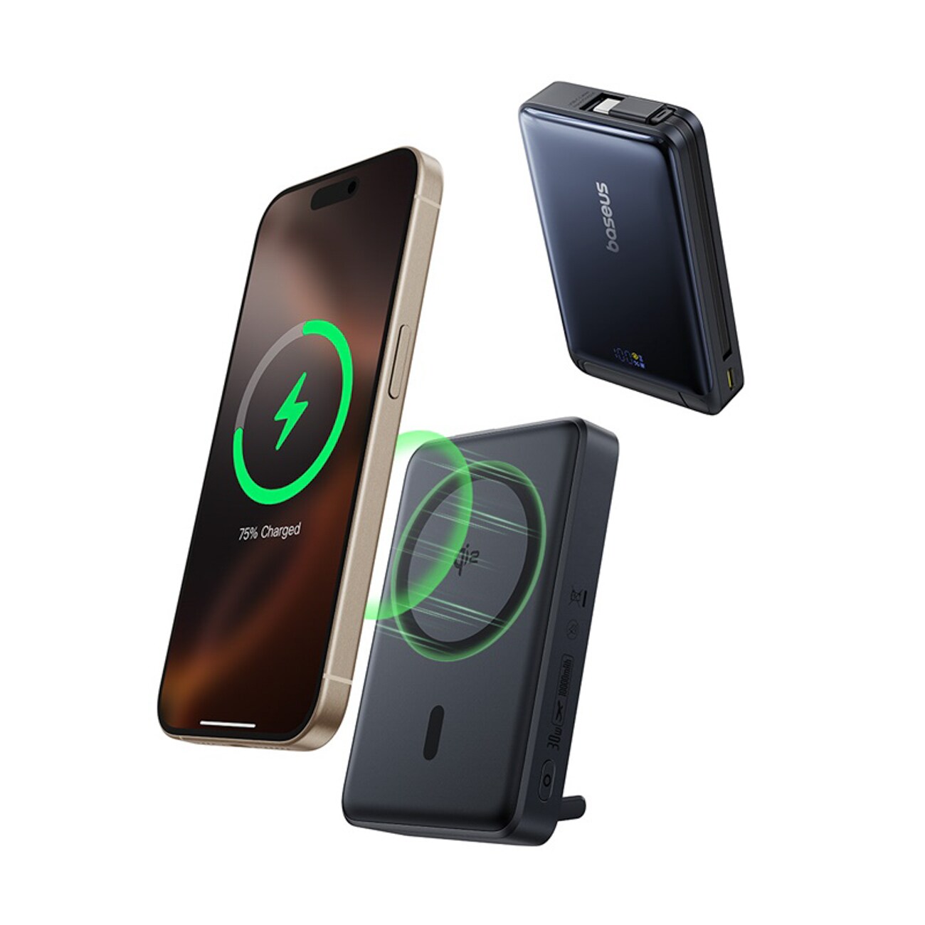 Baseus Nomos 10 000 mAh 30 W Qi2-powerbank med MagSafe-stativ och inbyggd USB-C-kabel – svart, bild 5