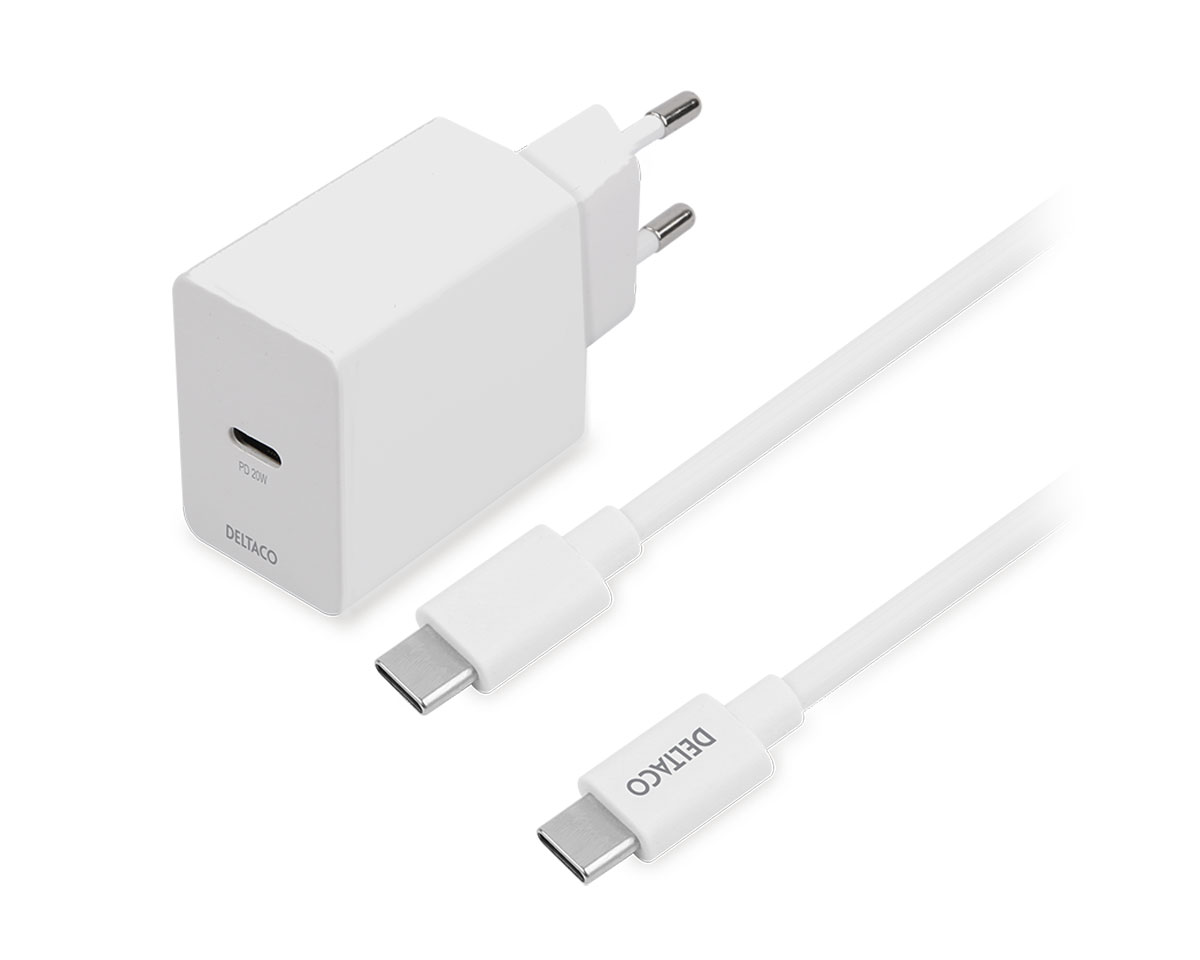 Deltaco USB-C PD Wall Charger 20 W incl USB-C Cable - Vit Väggladdare med USB-C kabel, bild 4