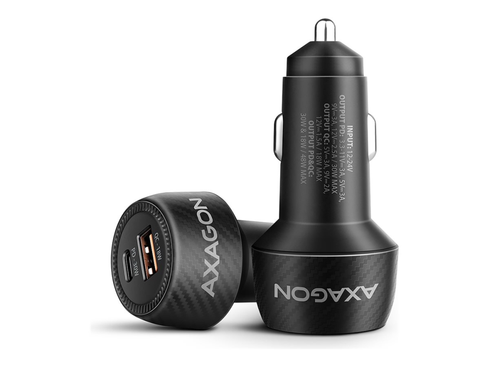 AXAGON - Strömadapter för bil - 48 watt - 3 A - Huawei Fast Charge, SCP, SuperVOOC, PD 3.0, QC 2.0, QC 3.0, QC 4.0+, AFC, FC - 2 utdatakontakter (USB typ A, USB-C)