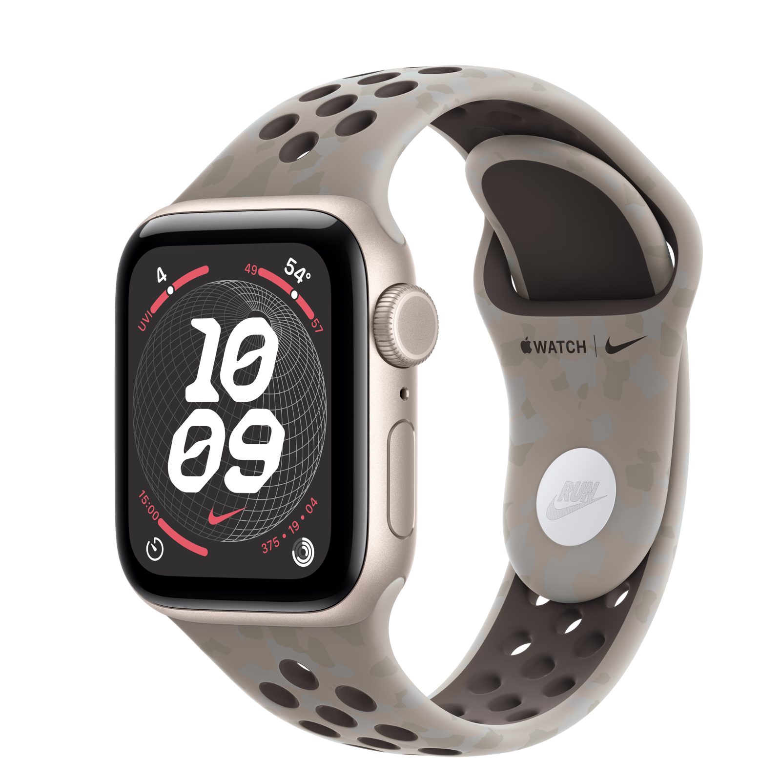 Apple Watch SE 3 (GPS + Cellular) • Aluminiumboett stjärnglans, 40 mm • Nike-sportband i Pavement Grey