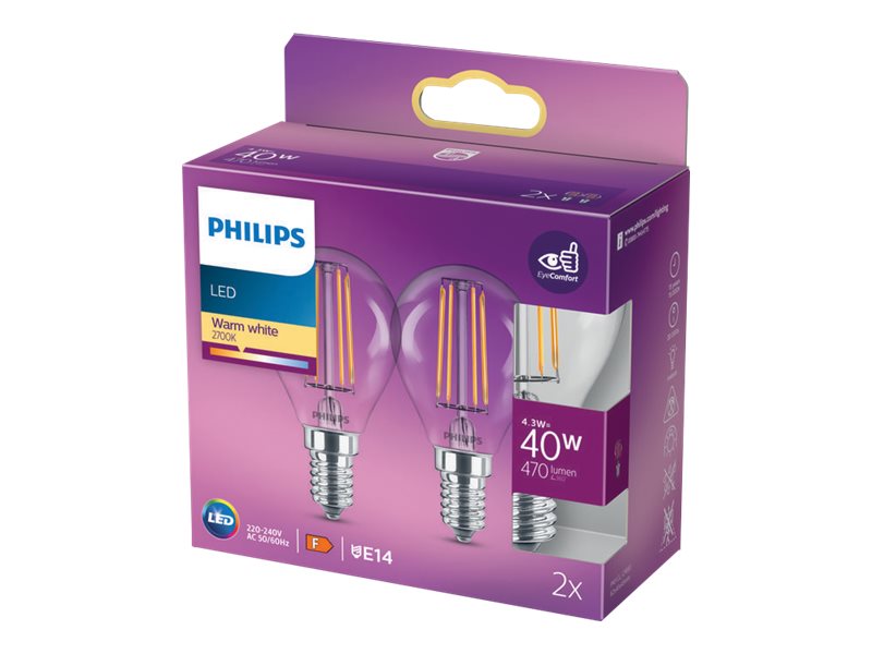 Philips - LED-glödlampa med filament - form: P45 - klar finish - E14 - 4.3 W (motsvarande 40 W) - klass F - varmt vitt ljus - 2700 K (paket om 2)