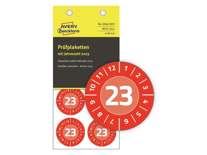 Avery 6946-2023, Röd, Rund, Permanent, Vitt på rött, Vinyl, 3 cm
