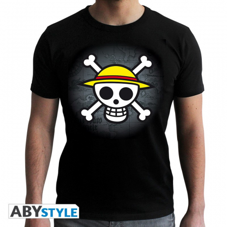 One Piece Straw Hat Pirates Logo with Map Slim Fit T-Shirt Svart (Medium)