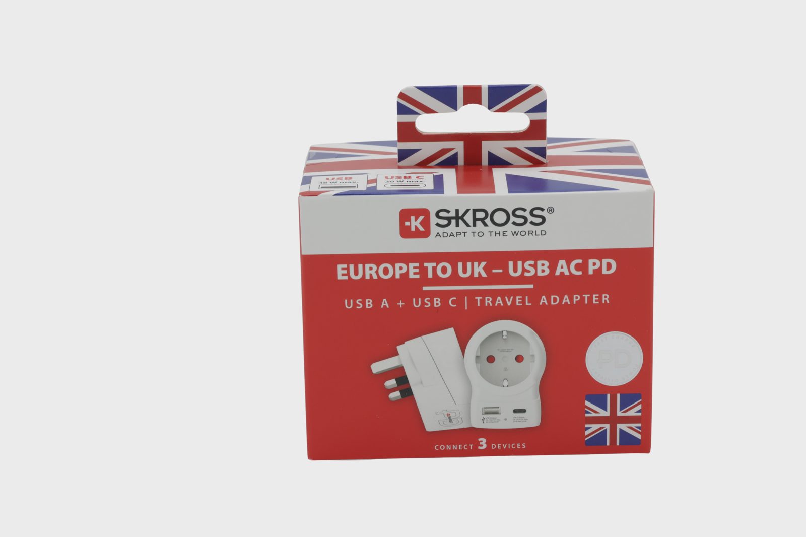 Skross Reseadapter Europa till UK USB AC PD 20W