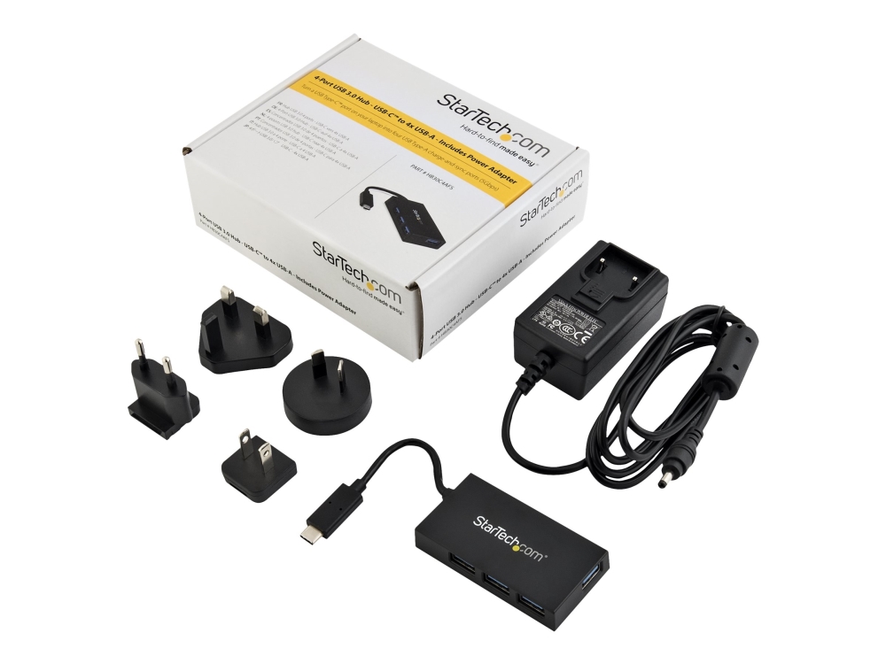 Startech 4-ports USB C-hubb - USB Type-C-hubb med 4x USB-A-portar (USB 3.0/3.1 Gen 1 SuperSpeed 5 Gbps) - USB-buss eller strömförsörjning - portabel USB-C till USB-A BC 1.2 laddningshubb med strömadapter - Hubb - 4 x SuperSpeed USB 3.0 - skrivbordsmodell