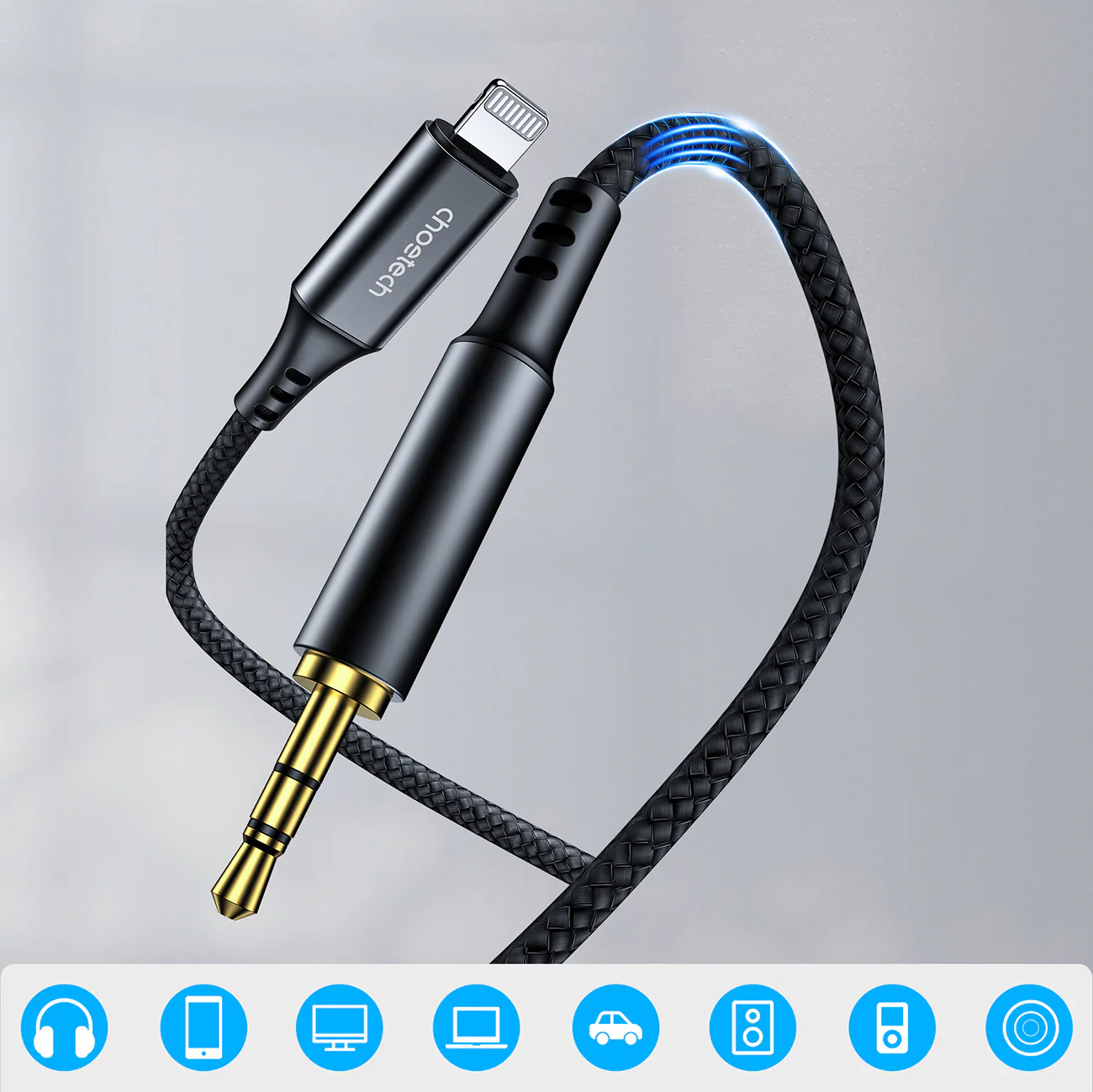 Choetech AUX009 Belysning / minijack 3,5 mm kabel 2 m - svart, bild 2