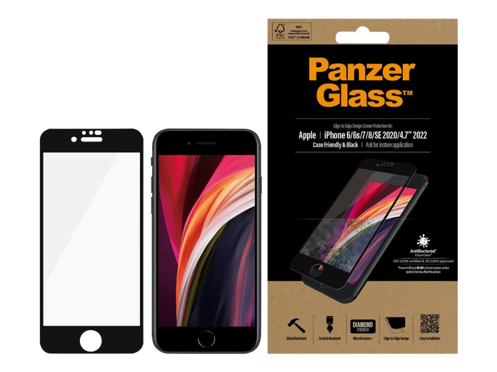 PanzerGlass iPhone SE (2022)/SE (2020)/8/7/6 Case Friendly skärmskydd, svart