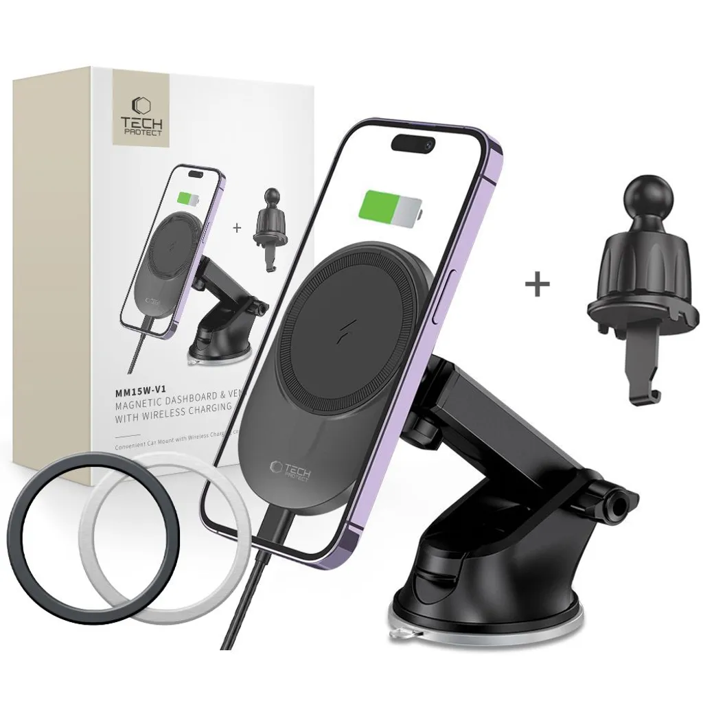 Tech-Protect MM15W-V1 mobilhållare med trådlös MagSafe-laddning 15W – svart