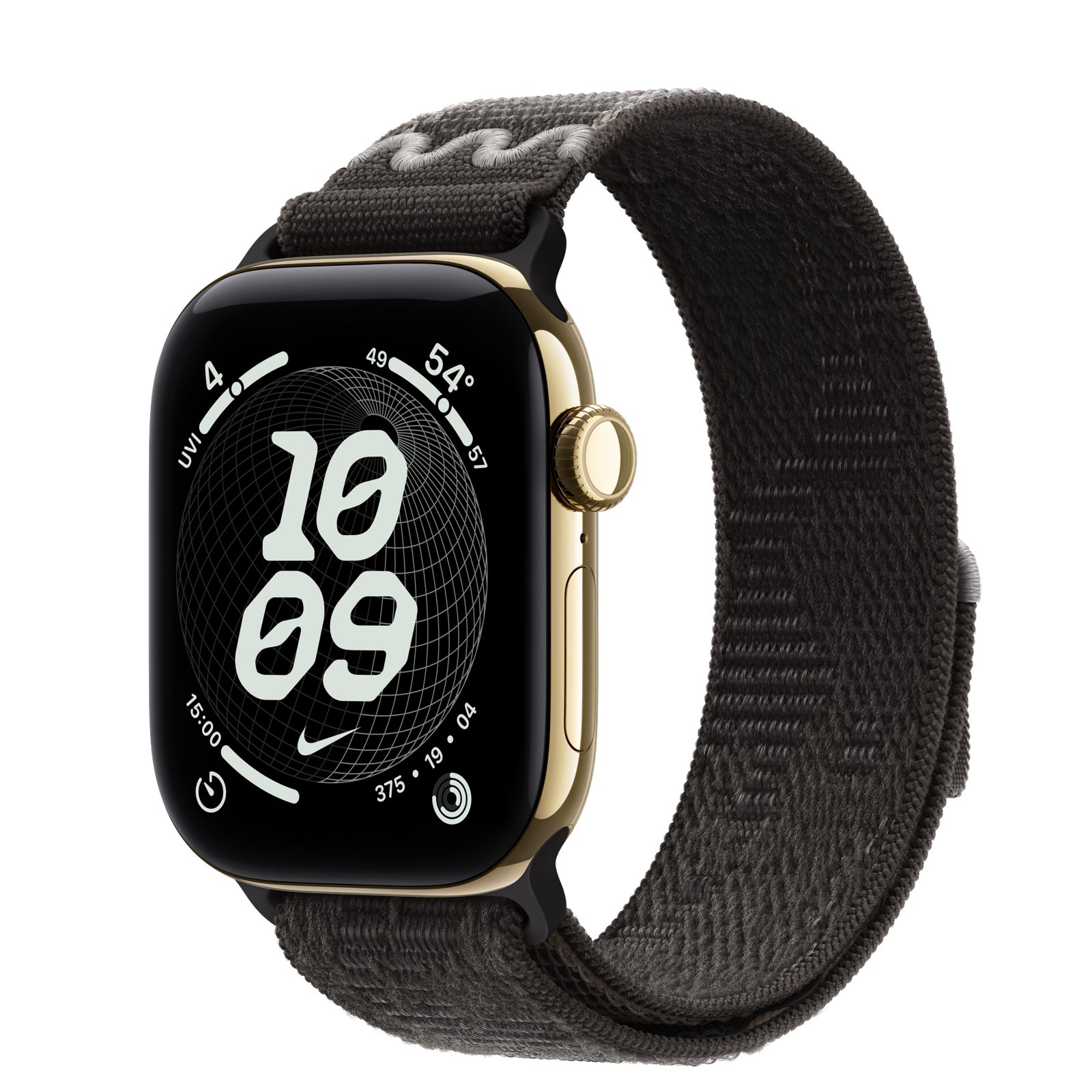 Apple Watch Series 12 (GPS + Cellular) • Titanboett skinande guld, 42 mm • Nike-sportloop i After Dark Black