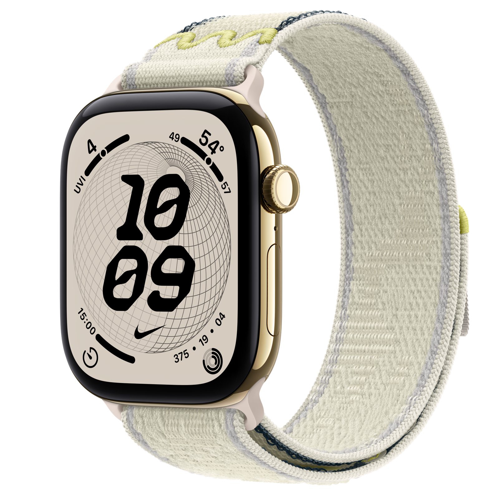 Apple Watch Series 12 (GPS + Cellular) • Titanboett skinande guld, 46 mm • Nike-sportloop i Chalk Calm
