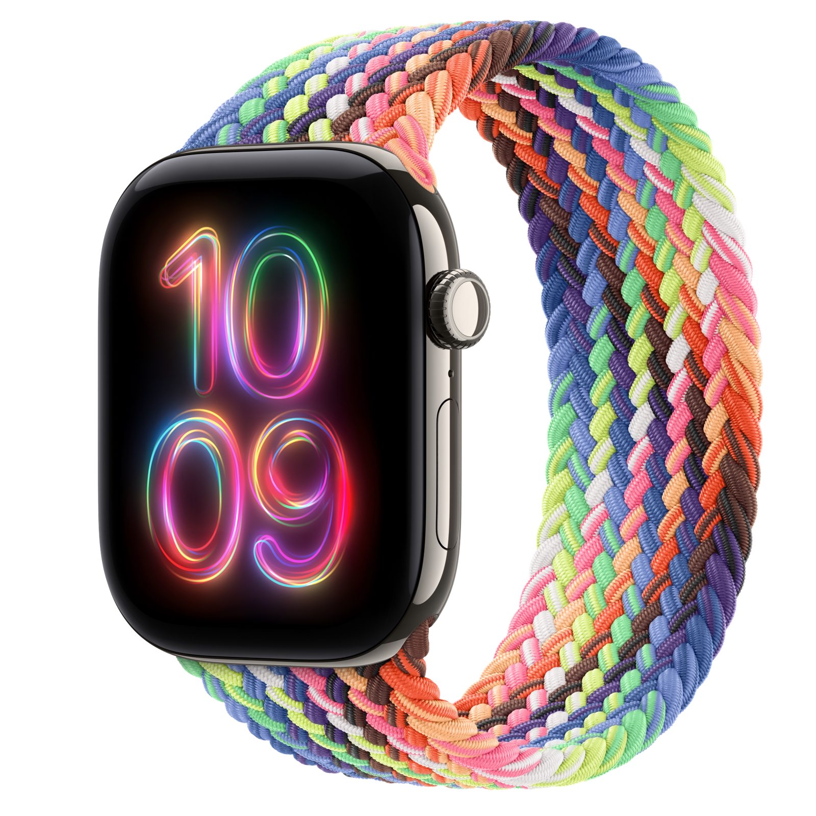 Apple Watch Series 12 (GPS + Cellular) • Titanboett naturlig, 46 mm • Flätad sololoop Pride Edition