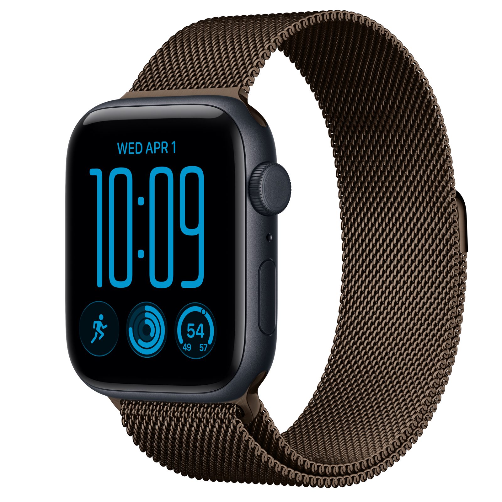 Apple Watch SE 3 (GPS + Cellular) • Aluminiumboett midnatt, 44 mm • Milanesisk loop mörk brons