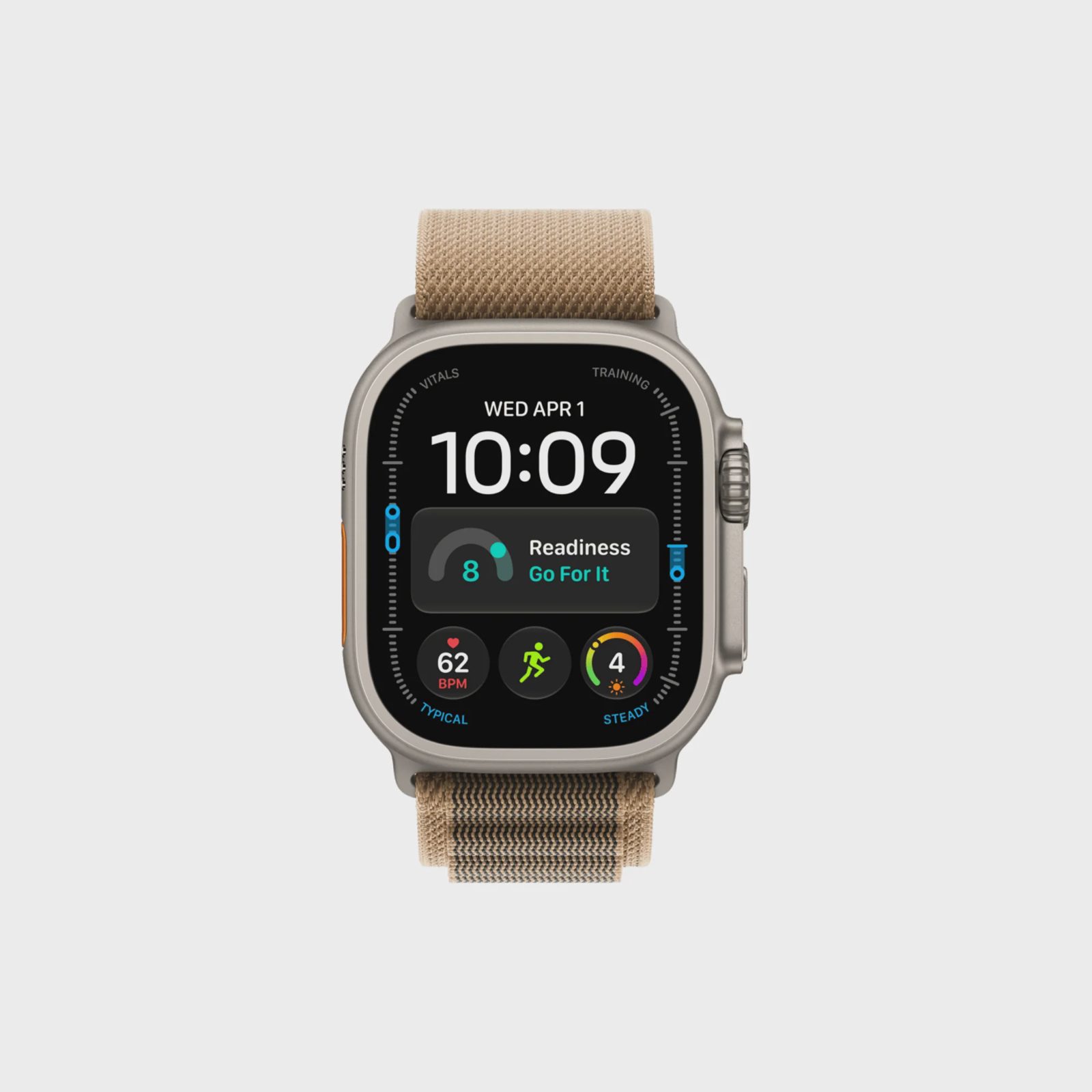 Apple Watch Ultra 4 GPS + Cellular 49 mm naturligt titan, ökensand Bergsloop - S