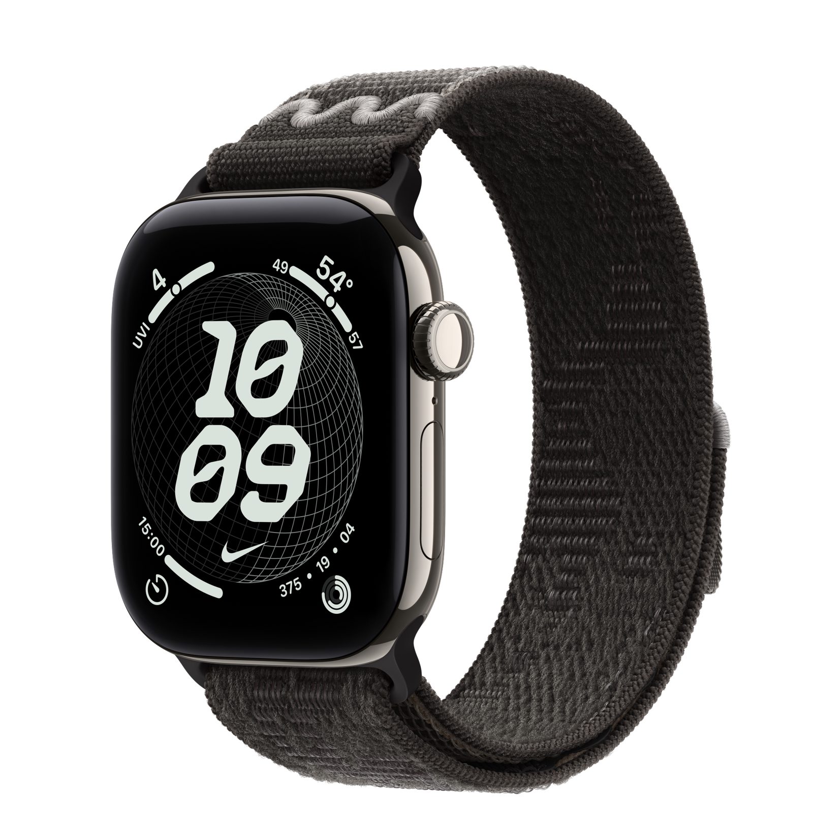 Apple Watch Series 12 (GPS + Cellular) • Titanboett naturlig, 42 mm • Nike-sportloop i After Dark Black