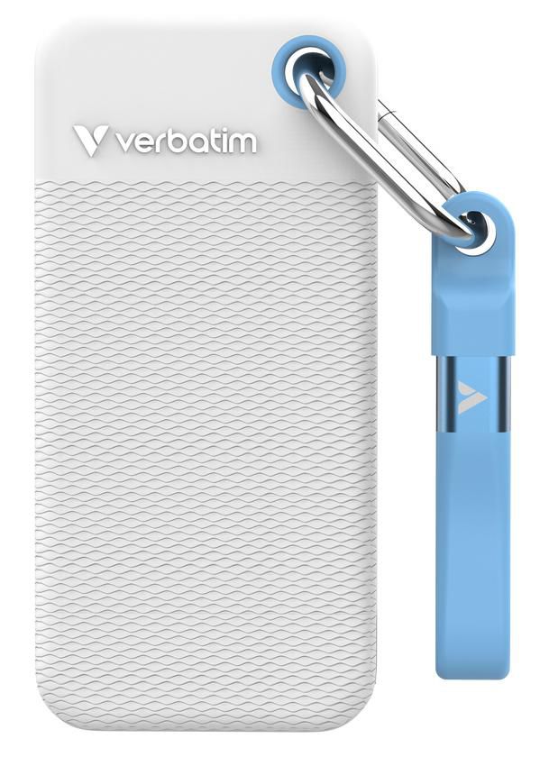 1 TB Verbatim Pocket SSD, USB 3.2 Gen2, med 2 st gummiskal - Vit/Blå, bild 3