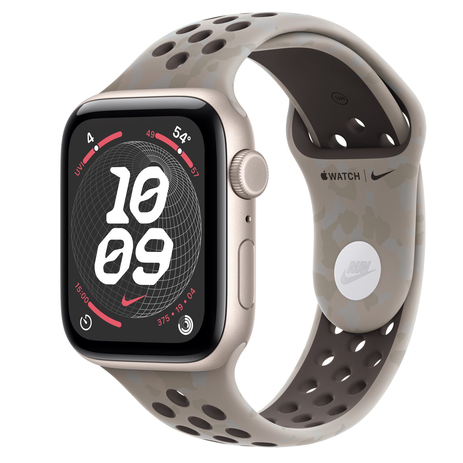 Apple Watch SE 3 (GPS + Cellular) • Aluminiumboett stjärnglans, 44 mm • Nike-sportband i Pavement Grey