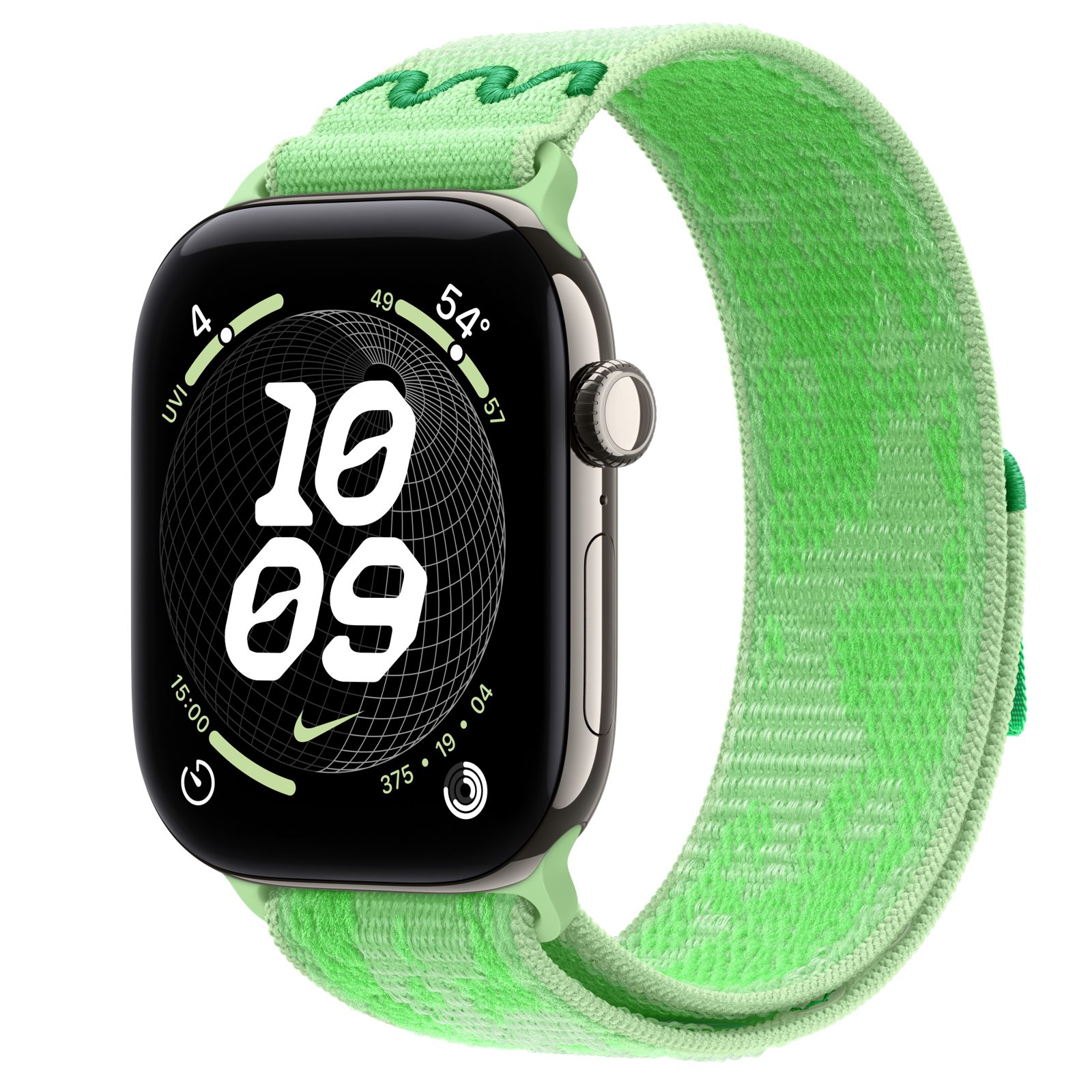 Apple Watch Series 12 (GPS + Cellular) • Titanboett naturlig, 46 mm • Nike-sportloop i Green Spark