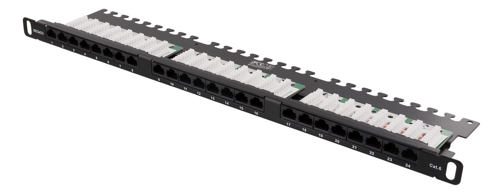 19" Patchpanel Deltaco, 24xRJ45, Cat6, UTP, 0,5U, LSA, kabelstöd - Svart, bild 2