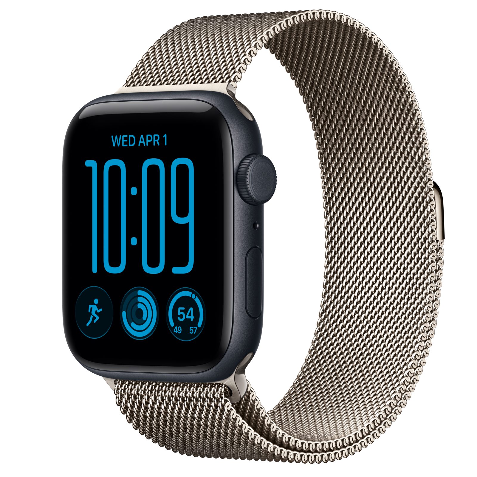 Apple Watch SE 3 (GPS + Cellular) • Aluminiumboett midnatt, 44 mm • Milanesisk loop naturlig finish