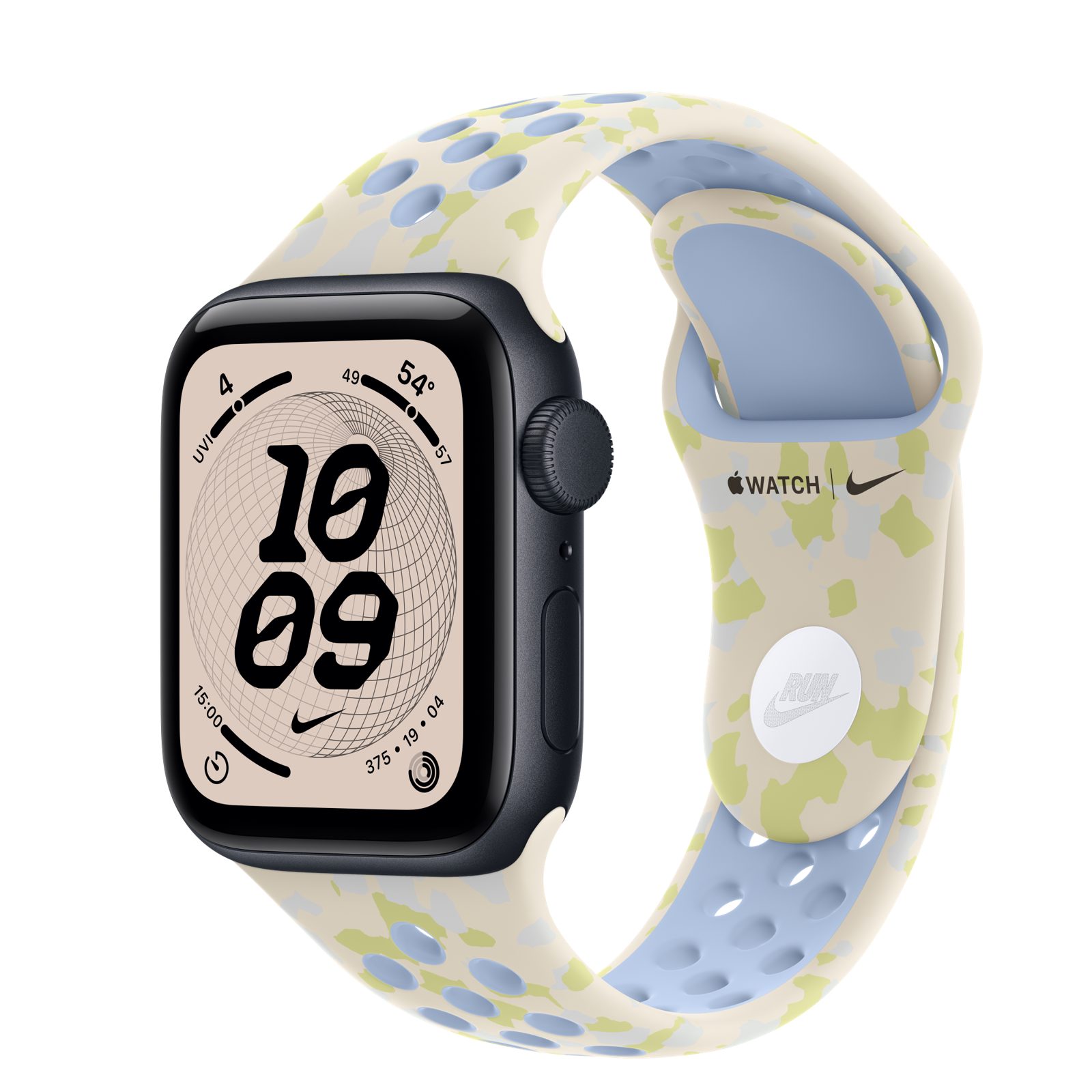 Apple Watch SE 3 (GPS) • Aluminiumboett midnatt, 40 mm • Nike-sportband i Chalk Calm
