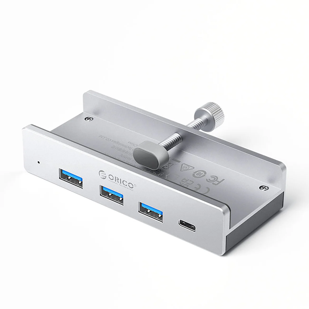 Orico MH4PC Hub med klämfäste – USB-C / 3x USB-A 3.0 + 1x USB-C 3.0 – Silver